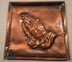 Vtg Coppercraft Guild Copper Praying Hands 3D Relief Square Wall Plaque 8"